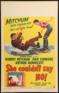 6g0571 SHE COULDN'T SAY NO WC 1954 sexy short-haired Jean Simmons by Dr. Robert Mitchum falling!