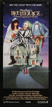 6h0329 BEETLEJUICE Aust daybill 1988 Tim Burton, Ramsey art of Keaton, Baldwin & Geena Davis!