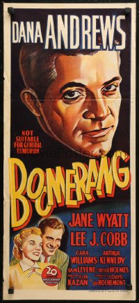 6h0341 BOOMERANG Aust daybill 1947 different art of Andrews & Wyatt, Elia Kazan film noir, rare!