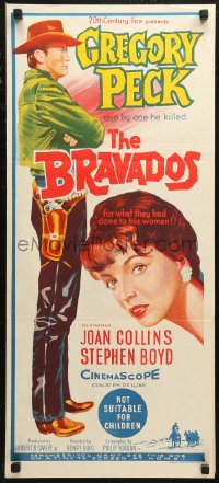 6h0343 BRAVADOS Aust daybill 1958 full-length art of cowboy Gregory Peck & sexy Joan Collins!