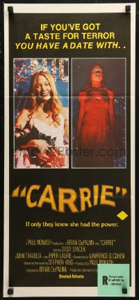 6h0349 CARRIE Aust daybill 1977 Stephen King, Spacek before and after her bloodbath at the prom!