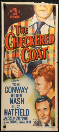 6h0358 CHECKERED COAT Aust daybill 1948 Tom Conway, Noreen Nash, art of faceless killer w/ smoking gun!