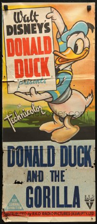 6h0377 DONALD DUCK PRESENTS Aust daybill 1940s Walt Disney, RKO, character holding sign, Gorilla!
