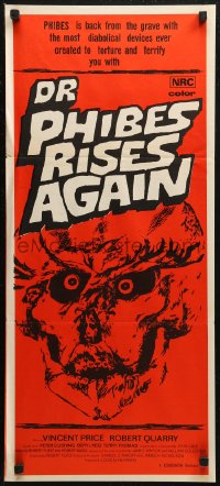 6h0379 DR. PHIBES RISES AGAIN Aust daybill 1972 Vincent Price, Quarry, Cushing, skull horror art!