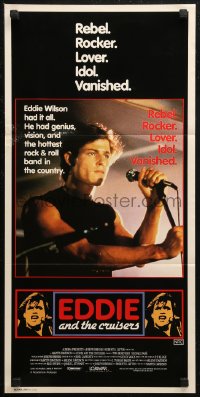 6h0382 EDDIE & THE CRUISERS Aust daybill 1983 close up of Michael Pare with mic, rock 'n' roll!