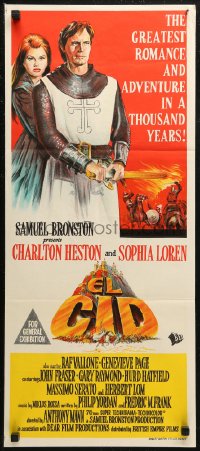 6h0385 EL CID Aust daybill 1962 art of Charlton Heston in armor standing with sexy Sophia Loren!
