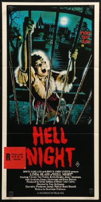 6h0416 HELL NIGHT Aust daybill 1983 artwork of Linda Blair trying to escape haunted house by Jarvis!