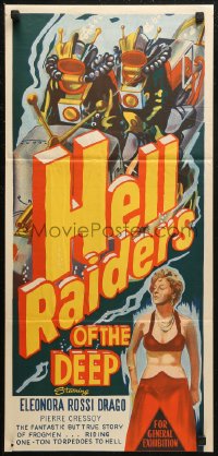 6h0417 HELL RAIDERS OF THE DEEP Aust daybill 1954 art of Italian frogmen in diving suits!