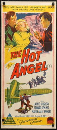 6h0422 HOT ANGEL Aust daybill 1958 Richardson Studio artwork of teenage hot rod rebel gangs!