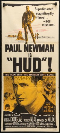 6h0427 HUD Aust daybill 1963 Paul Newman is the man with the barbed wire soul, Ritt classic!