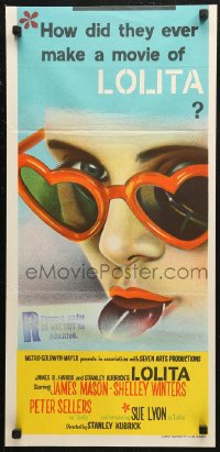 6h0444 LOLITA Aust daybill 1962 Stanley Kubrick, Sue Lyon with heart sunglasses & lollipop!