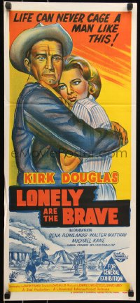6h0445 LONELY ARE THE BRAVE Aust daybill 1962 Kirk Douglas classic, life can never cage him!