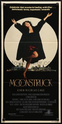 6h0461 MOONSTRUCK Aust daybill 1987 Cher in front of New York City skyline, Norman Jewison!