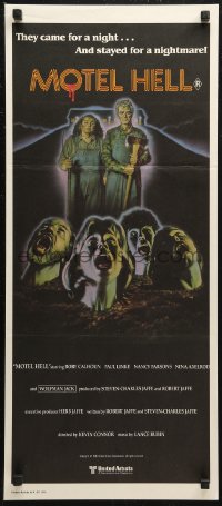 6h0462 MOTEL HELL Aust daybill 1980 wild horror art, they came for a night, stayed for a nightmare!