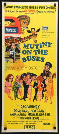 6h0467 MUTINY ON THE BUSES Aust daybill 1973 Hammer, wacky art of Reg Varney with two sexy ladies!