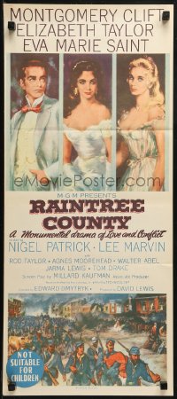 6h0496 RAINTREE COUNTY Aust daybill 1958 art of Montgomery Clift, Elizabeth Taylor & Eva Marie Saint!