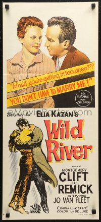 6h0547 WILD RIVER Aust daybill 1960 directed by Elia Kazan, Montgomery Clift embraces Lee Remick!