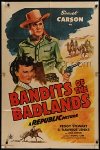 6h0626 BANDITS OF THE BADLANDS 1sh 1945 art of western cowboy Sunset Carson, Peggy Stewart!