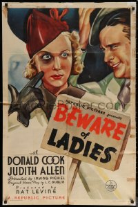 6h0656 BEWARE OF LADIES 1sh 1936 reporter Judith Allen covers candidate Donald Cook, ultra rare!