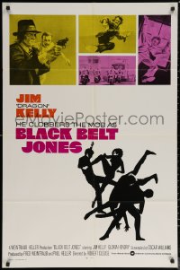 6h0670 BLACK BELT JONES int'l 1sh 1974 Jim Dragon Kelly, Scatman Crothers, cool kung fu silhouette art!