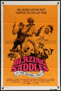 6h0681 BLAZING SADDLES int'l 1sh 1974 Mel Brooks, different cast montage on orange background