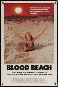 6h0684 BLOOD BEACH 1sh 1981 Jaws parody tagline, image of sexy girl in bikini sinking in sand!