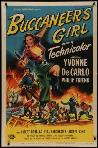 6h0706 BUCCANEER'S GIRL 1sh 1950 great full-length art of sexy pirate woman Yvonne DeCarlo!