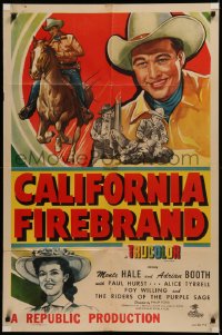 6h0718 CALIFORNIA FIREBRAND 1sh 1948 great close up art of Monte Hale + riding on horseback!