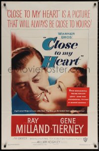 6h0756 CLOSE TO MY HEART 1sh 1951 Gene Tierney & Ray Milland adopt a child, romantic close up!