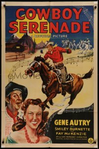 6h0772 COWBOY SERENADE 1sh 1942 art of cowboy Gene Autry on horse, Smiley Burnette & McKenzie!