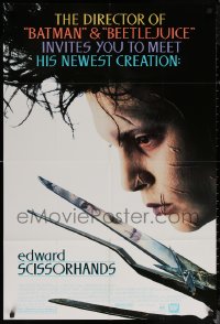 6h0843 EDWARD SCISSORHANDS 1sh 1990 Tim Burton classic, best close up of scarred Johnny Depp!