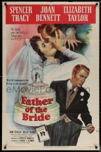 6h0870 FATHER OF THE BRIDE 1sh 1950 art of Liz Taylor in wedding gown & broke Spencer Tracy!