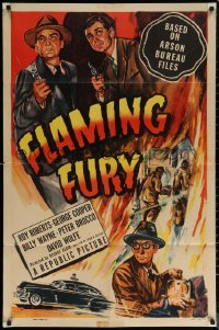 6h0885 FLAMING FURY 1sh 1949 from Arson Bureau files, cool artwork of firefighters & detectives!