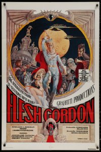 6h0889 FLESH GORDON 1sh 1974 sexy sci-fi spoof, wacky erotic super hero art by George Barr!