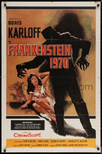 6h0899 FRANKENSTEIN 1970 1sh 1958 Boris Karloff, great artwork of monster attacking sexy girl!