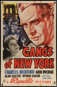 6h0921 GANGS OF NEW YORK 1sh 1938 c/u art of scar-faced Charles Bickford, Ann Dvorak, ultra rare!