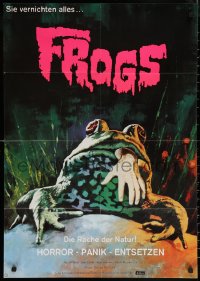 6h0202 FROGS German 1973 horror art of man-eating amphibian with human hand hanging from mouth!