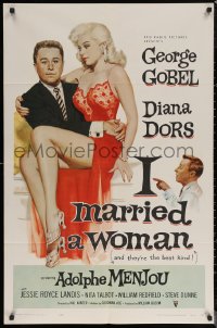 6h1003 I MARRIED A WOMAN 1sh 1958 artwork of sexiest Diana Dors sitting in George Gobel's lap!