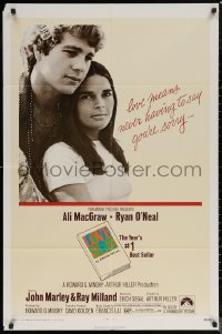 6h1087 LOVE STORY 1sh 1970 romantic close up of Ali MacGraw & Ryan O'Neal, classic tagline!
