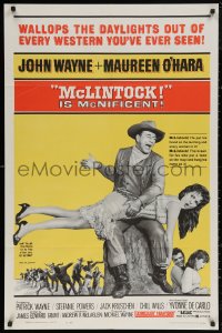 6h1116 McLINTOCK 1sh 1963 includes best image of John Wayne giving Maureen O'Hara a spanking!