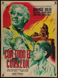 6h0128 CON TODO EL CORAZON Mexican poster 1951 Mendoza art of priest w/baby by destroyed church!