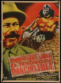 6h0134 EL TESORO DE PANCHO VILLA Mexican poster 1954 Diaz art of masked wrestler & gold pile!
