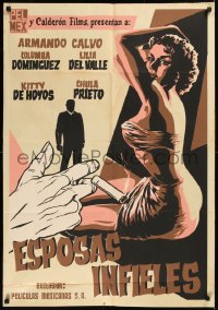 6h0137 ESPOSAS INFIELES export Mexican poster 1956 silkscreen art of sexy woman & smoking hand!
