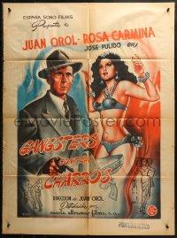6h0138 GANGSTERS CONTRA CHARROS Mexican poster 1948 cool art of sexy half-naked woman & crook!