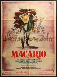 6h0149 MACARIO Mexican poster 1960 cool art of man carrying wood from altar of skulls by Mendoza!