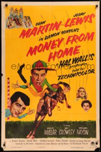 6h1137 MONEY FROM HOME 1sh 1954 Dean Martin with wacky horse jockey Jerry Lewis, Damon Runyon!