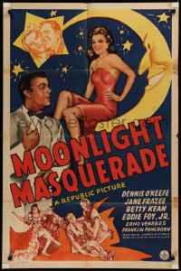 6h1139 MOONLIGHT MASQUERADE 1sh 1943 cool artwork of Jane Frazee & Dennis O'Keefe and smiling moon!