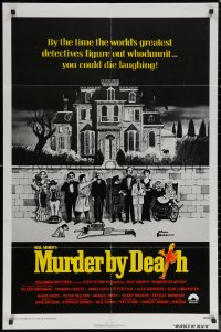6h1151 MURDER BY DEATH int'l 1sh 1976 Peter Sellers, great Charles Addams art of cast by dead body!