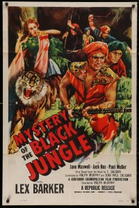 6h1160 MYSTERY OF THE BLACK JUNGLE 1sh 1955 art of Lex Barker w/rifle by tiger hunting in India!