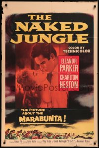 6h1163 NAKED JUNGLE 1sh 1954 romantic close up of Charlton Heston & Eleanor Parker, George Pal